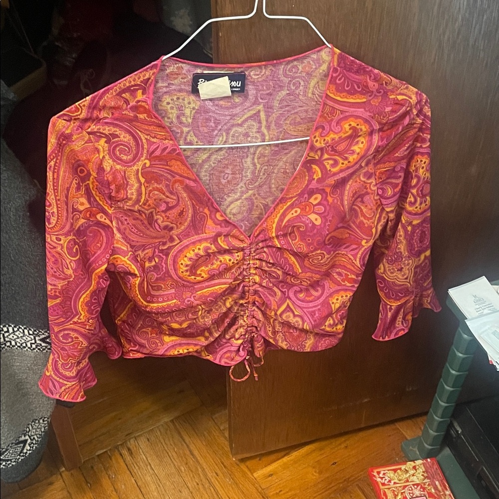 Ambiance Pink and Orange Paisley Ruched Blouse